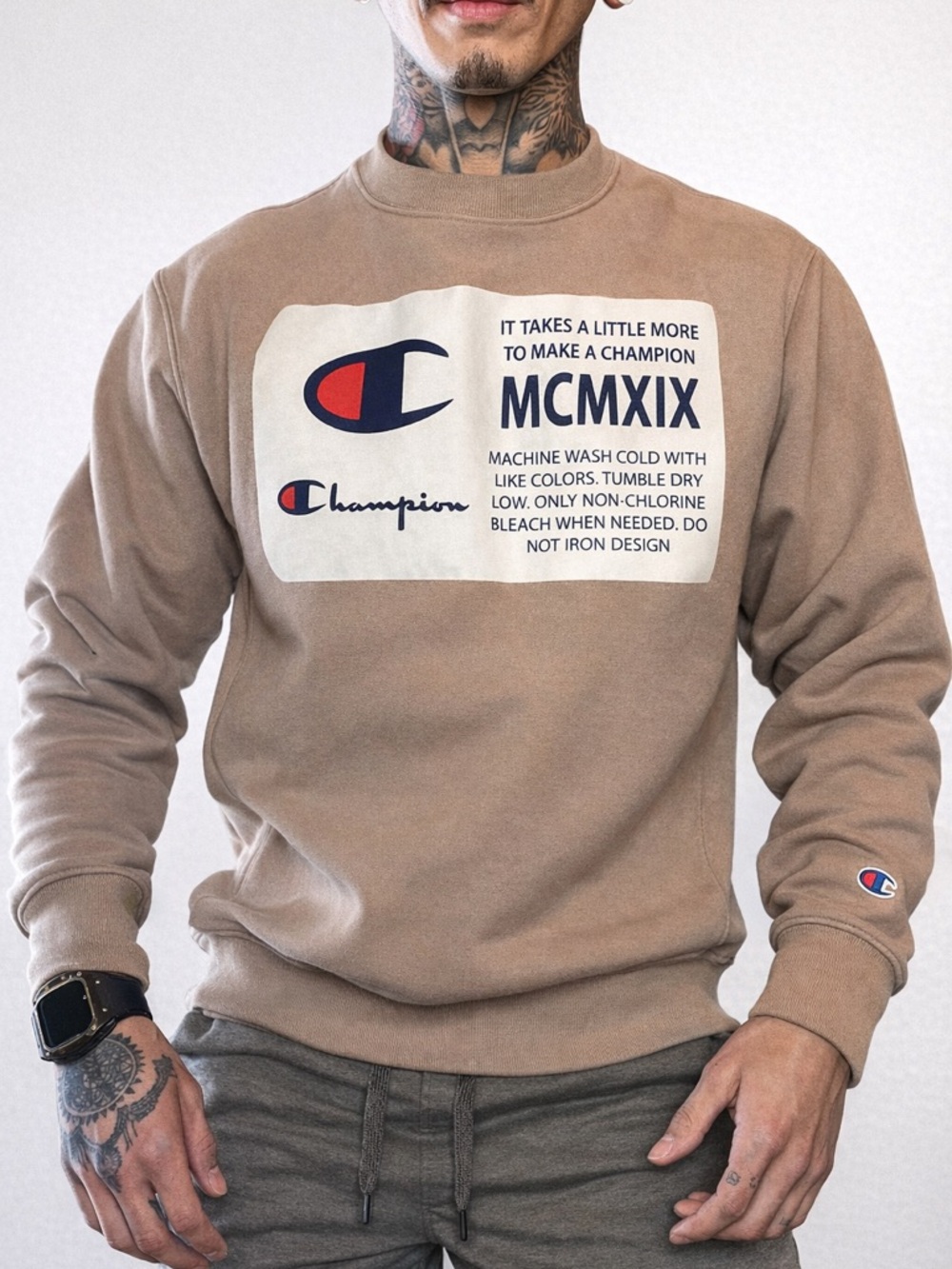 Champion Crewneck Sweatshirt in Taupe with Logo Patch